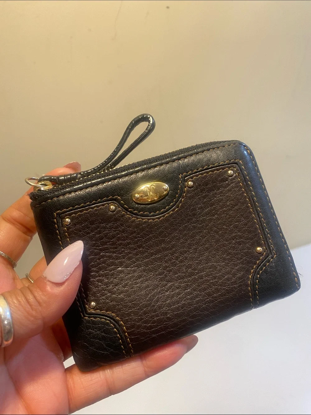 Textured Black Leather Zip Wristlet Wallet